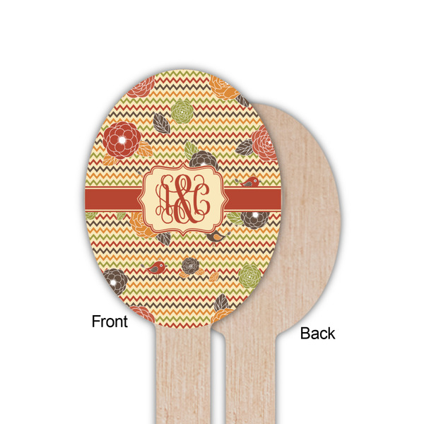 Chevron & Fall Flowers Wooden Food Pick - Oval - Single Sided - Front & Back