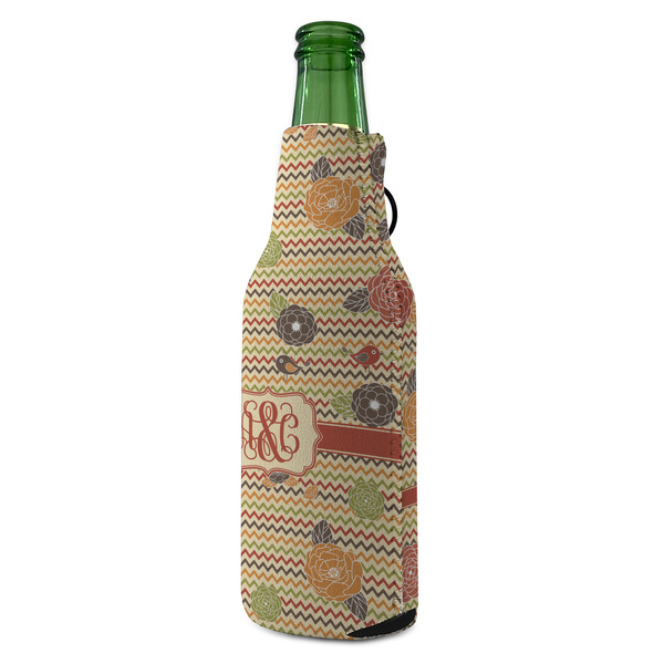 Chevron & Fall Flowers Zipper Bottle Cooler - ANGLE (bottle)
