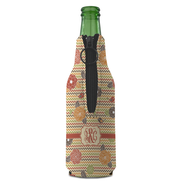 Chevron & Fall Flowers Zipper Bottle Cooler - BACK (bottle)