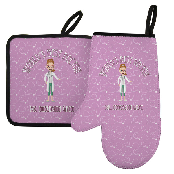 Custom Doctor Avatar Left Oven Mitt & Pot Holder Set w/ Name or Text