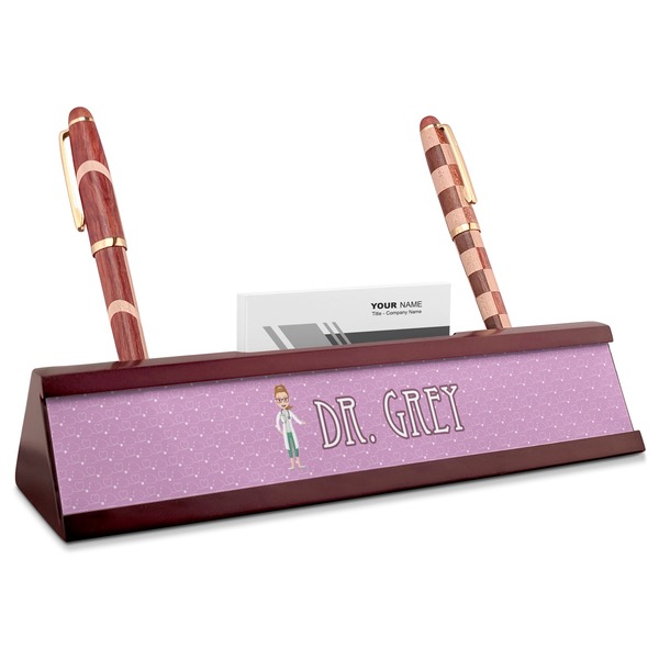 Custom Doctor Avatar Red Mahogany Nameplate with Business Card Holder (Personalized)