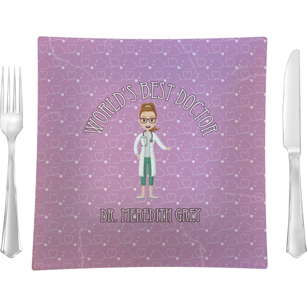 Custom Doctor Avatar 9.5" Glass Square Lunch / Dinner Plate- Single or Set of 4 (Personalized)