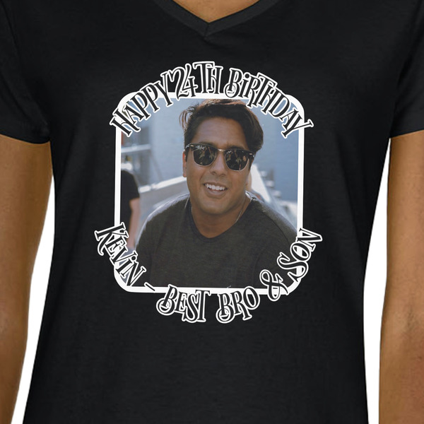 Photo Birthday Black V-Neck T-Shirt on Model - CloseUp