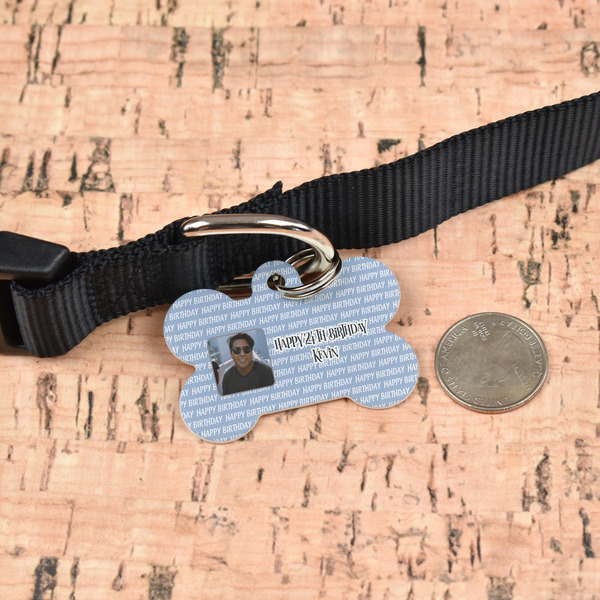 Photo Birthday Bone Shaped Dog ID Tag - Large - In Context