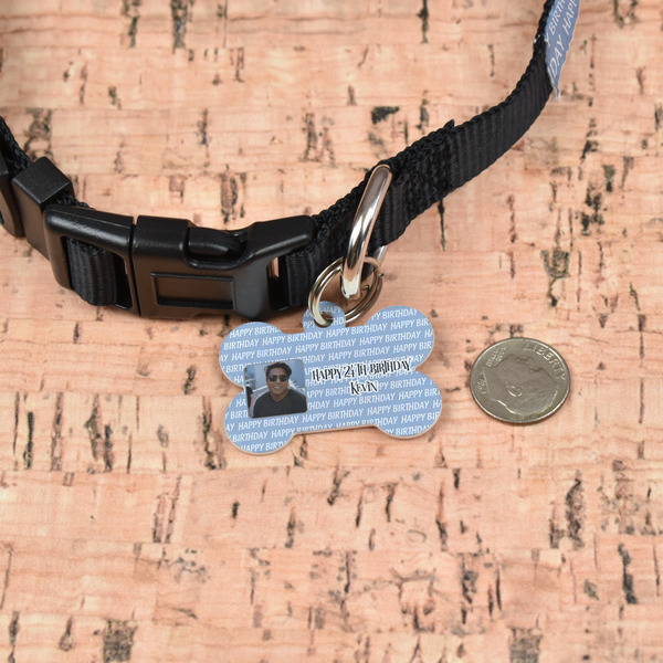 Photo Birthday Bone Shaped Dog ID Tag - Small - In Context