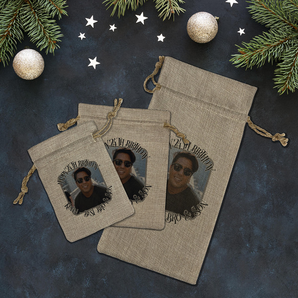 Photo Birthday Burlap Gift Bags - LIFESTYLE (Flat lay)