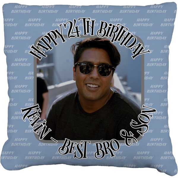 Custom Photo Birthday Faux-Linen Throw Pillow 16" (Personalized)