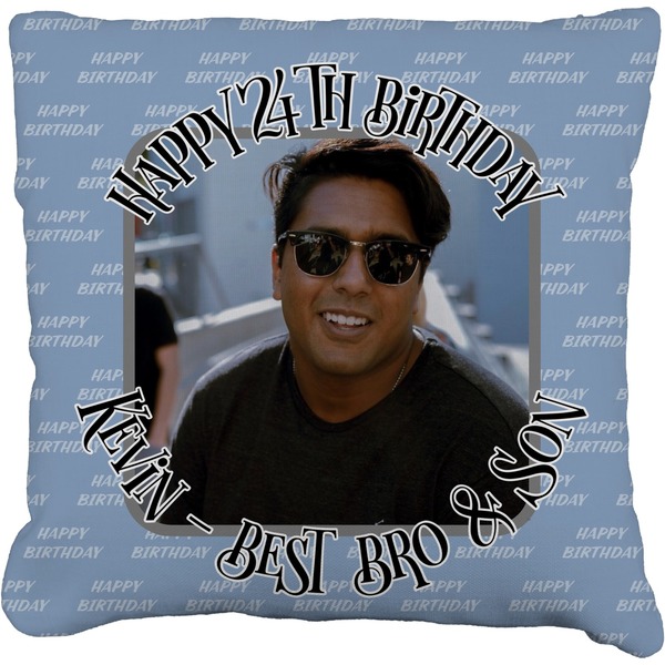 Custom Photo Birthday Faux-Linen Throw Pillow 18" (Personalized)