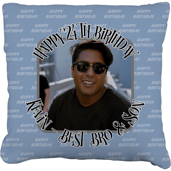 Custom Photo Birthday Faux-Linen Throw Pillow 20" (Personalized)