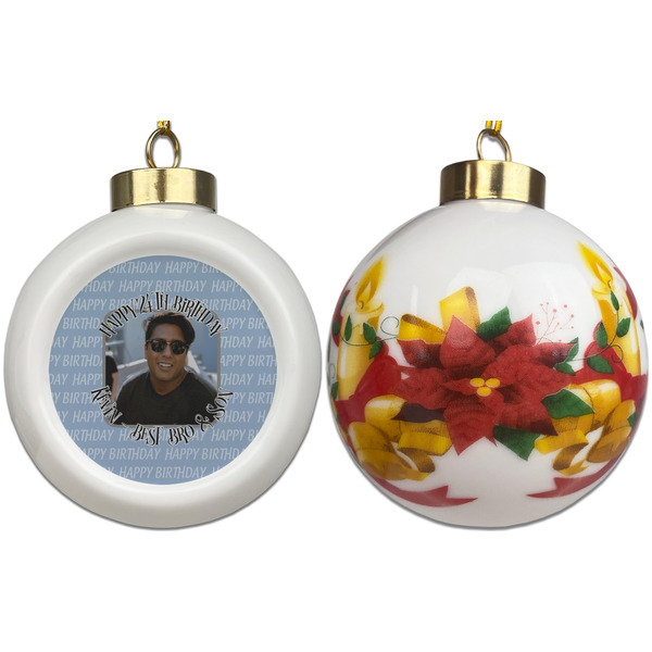 Photo Birthday Ceramic Christmas Ornament - Poinsettias (APPROVAL)