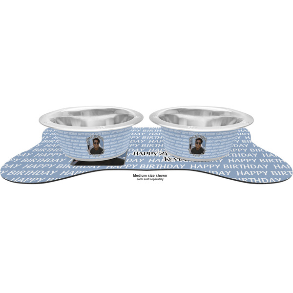 Photo Birthday Metal Pet Bowls - On Dog Bone Shaped Mat