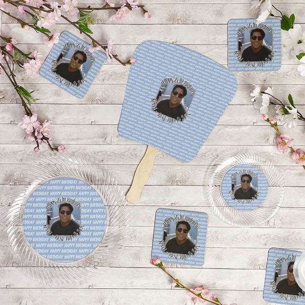 Photo Birthday Party Supplies Combination Image - All items - Plates, Coasters, Fans