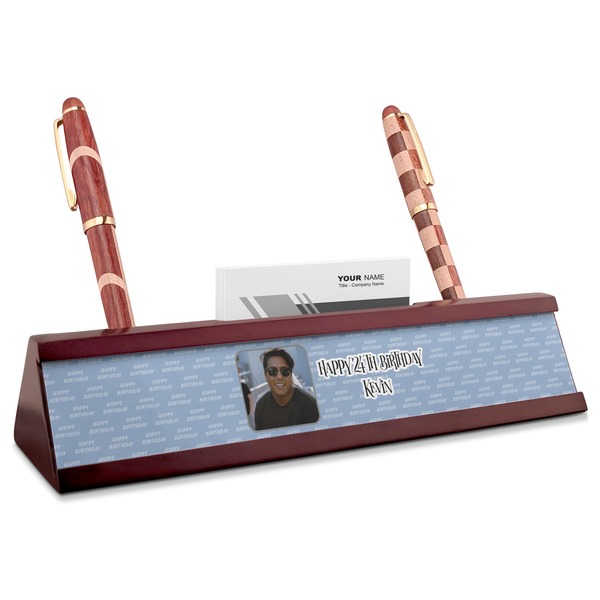Custom Photo Birthday Red Mahogany Nameplate with Business Card Holder (Personalized)