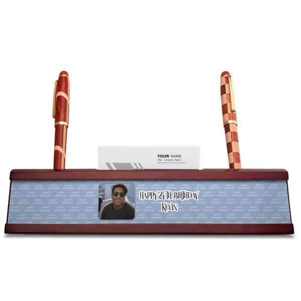 Photo Birthday Red Mahogany Nameplates with Business Card Holder - Straight