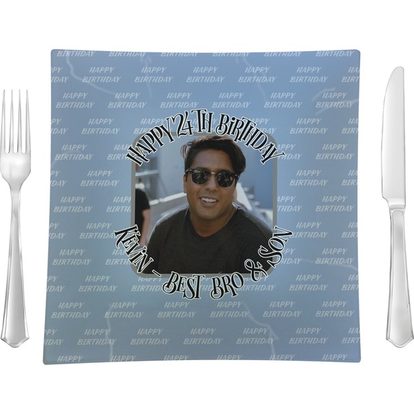 Custom Photo Birthday 9.5" Glass Square Lunch / Dinner Plate- Single or Set of 4 (Personalized)