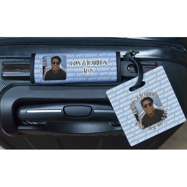 Photo Birthday Square Luggage Tag & Handle Wrap - In Context