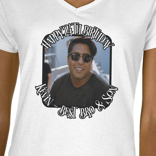 Photo Birthday White V-Neck T-Shirt on Model - CloseUp