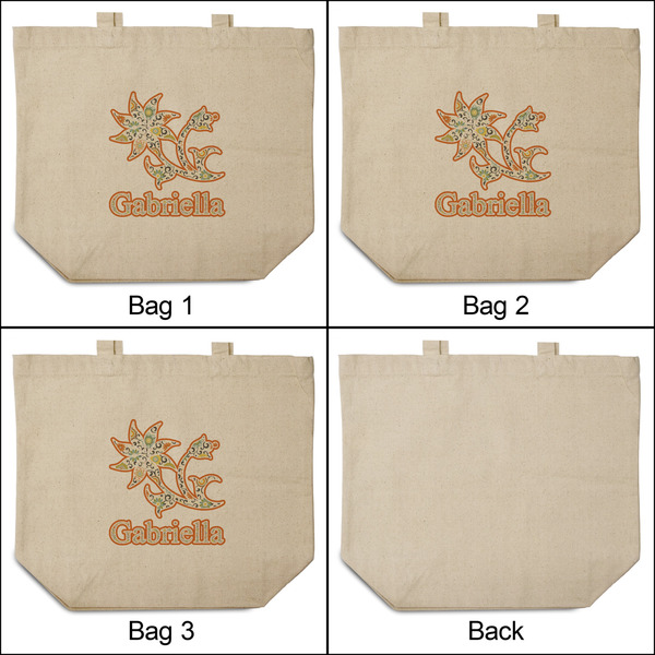 Swirls, Floral & Stripes 3 Reusable Cotton Grocery Bags - Front & Back View