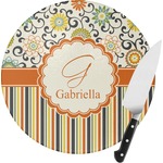 Swirls, Floral & Stripes Round Glass Cutting Board - Small (Personalized)