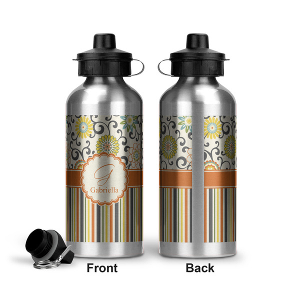 Swirls, Floral & Stripes Aluminum Water Bottle - Front and Back