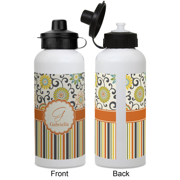 Swirls, Floral & Stripes Aluminum Water Bottle - White APPROVAL