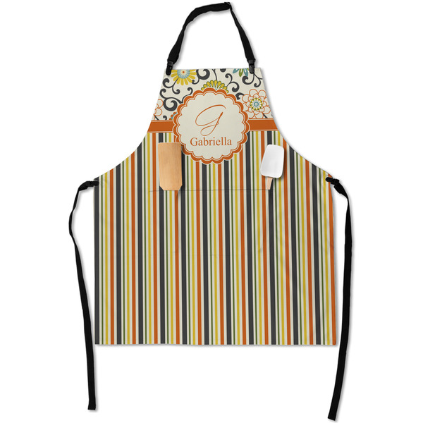 Custom Swirls, Floral & Stripes Apron With Pockets w/ Name and Initial