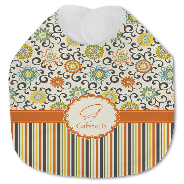 Custom Swirls, Floral & Stripes Jersey Knit Baby Bib w/ Name and Initial