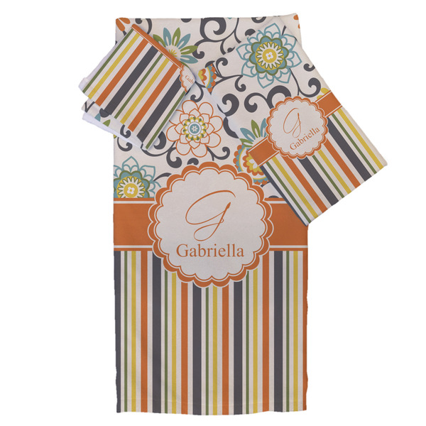 Custom Swirls, Floral & Stripes Bath Towel Set - 3 Pcs (Personalized)