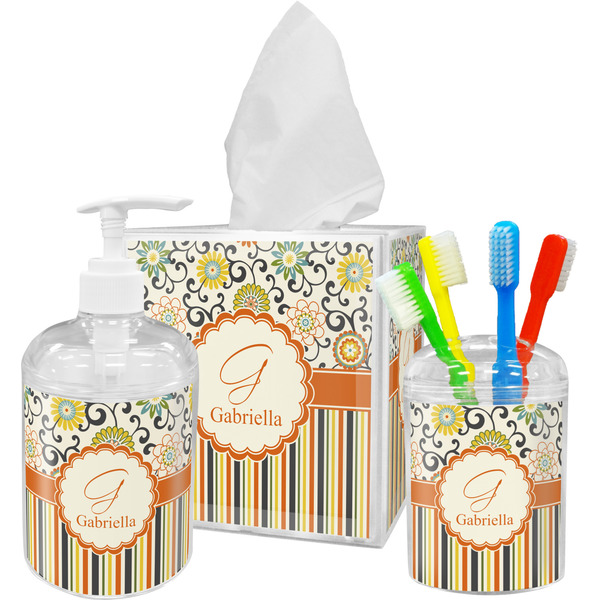 Swirls, Floral & Stripes Bathroom Accessories Set (Personalized)