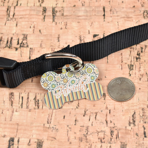 Swirls, Floral & Stripes Bone Shaped Dog ID Tag - Large - In Context