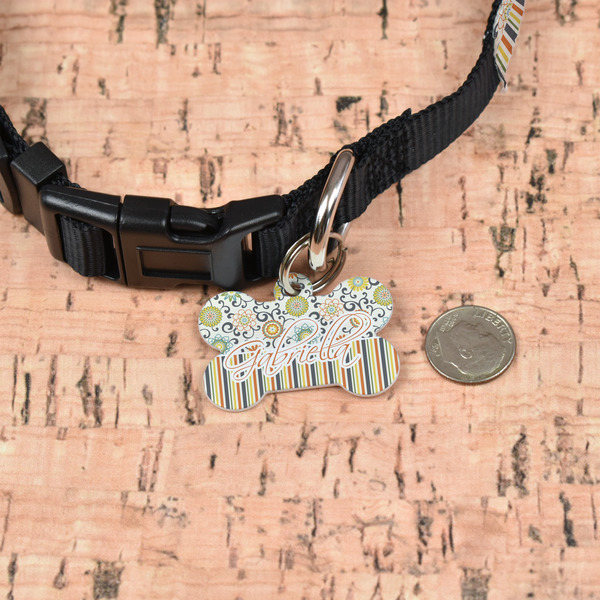 Swirls, Floral & Stripes Bone Shaped Dog ID Tag - Small - In Context