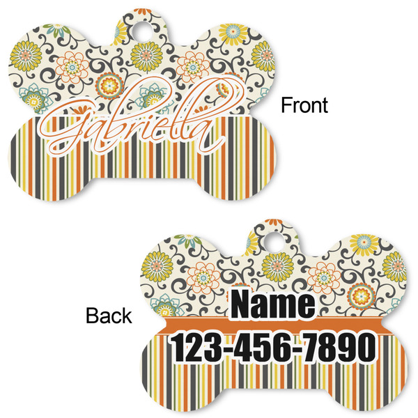 Swirls, Floral & Stripes Bone Shaped Dog Tag - Front & Back