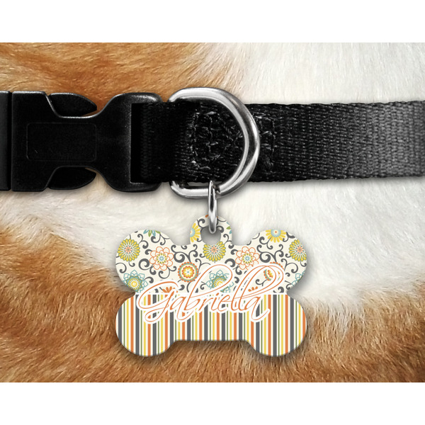 Swirls, Floral & Stripes Bone Shaped Dog Tag on Collar & Dog