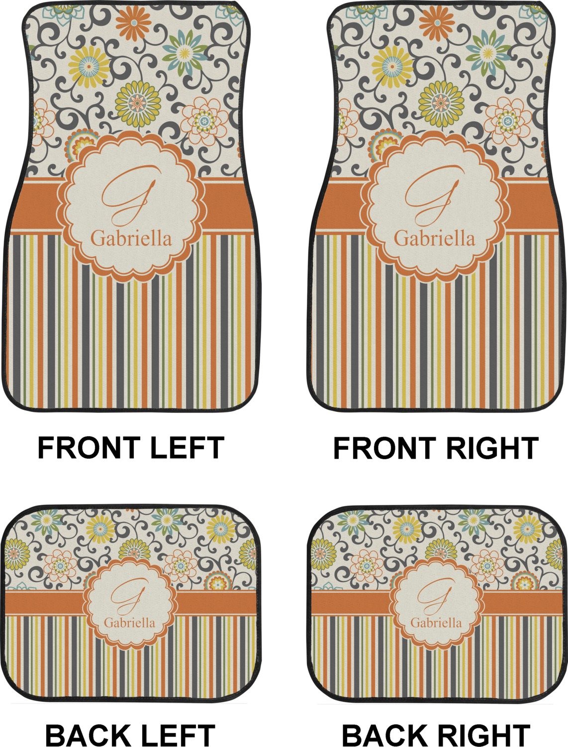 Custom Swirls, Floral & Stripes Car Floor Mats Set 2 Front & 2 Back