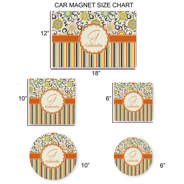 Swirls, Floral & Stripes Car Magnets - SIZE CHART