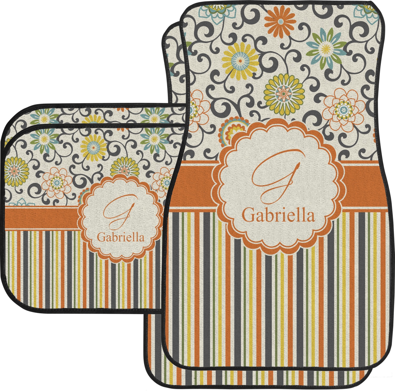 Custom Swirls, Floral & Stripes Car Floor Mats Set 2 Front & 2 Back