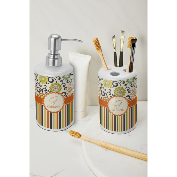 Swirls, Floral & Stripes Ceramic Bathroom Accessories - LIFESTYLE (toothbrush holder & soap dispenser)