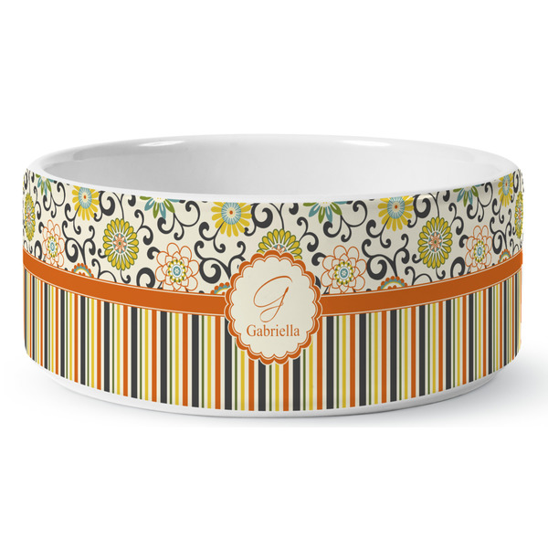 Swirls, Floral & Stripes Ceramic Dog Bowl - Medium - Front