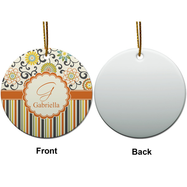 Swirls, Floral & Stripes Ceramic Flat Ornament - Circle Front & Back (APPROVAL)