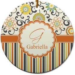 Swirls, Floral & Stripes Round Ceramic Ornament w/ Name and Initial