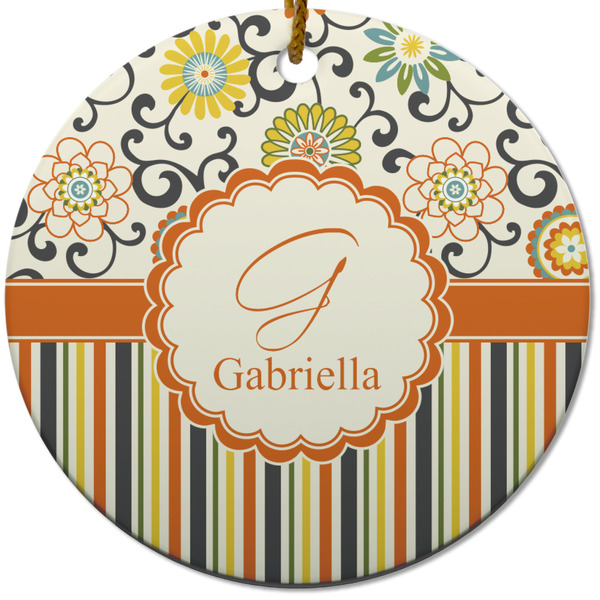 Swirls, Floral & Stripes Ceramic Flat Ornament - Circle (Front)