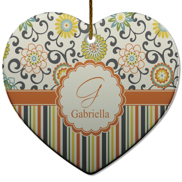 Swirls, Floral & Stripes Ceramic Flat Ornament - Heart (Front)