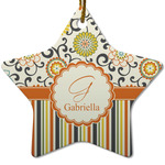 Swirls, Floral & Stripes Star Ceramic Ornament w/ Name and Initial