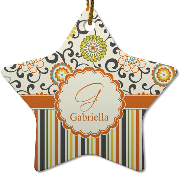 Custom Swirls, Floral & Stripes Star Ceramic Ornament w/ Name and Initial