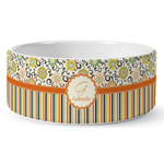 Swirls, Floral & Stripes Ceramic Dog Bowl - Medium (Personalized)
