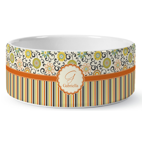 Custom Swirls, Floral & Stripes Ceramic Dog Bowl - Large (Personalized)