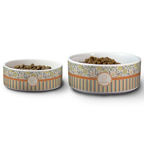Swirls, Floral & Stripes Ceramic Dog Bowls - Size Comparison
