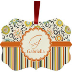 Swirls, Floral & Stripes Metal Frame Ornament - Double Sided w/ Name and Initial