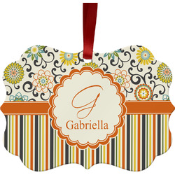 Swirls, Floral & Stripes Metal Frame Ornament - Double Sided w/ Name and Initial