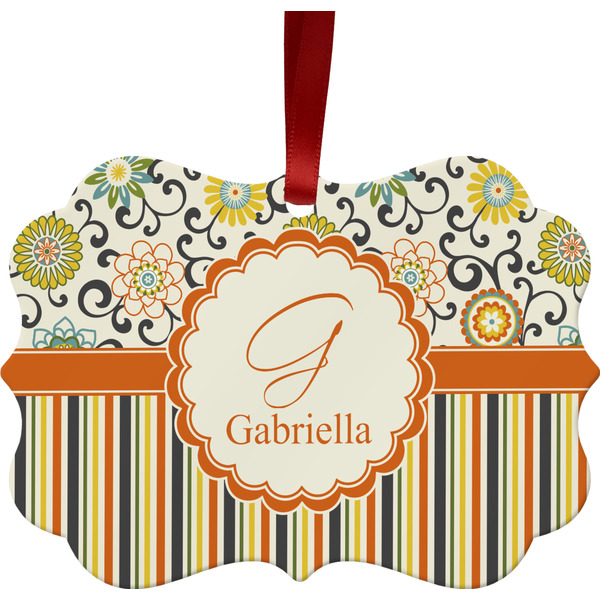 Custom Swirls, Floral & Stripes Metal Frame Ornament - Double Sided w/ Name and Initial